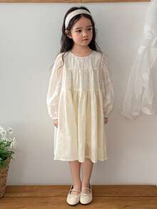 DAZY Đầm mùa hè dễ thương cho bé gái, cổ tròn, tay phồng, thêu họa tiết. - Màu be - Xem 2
