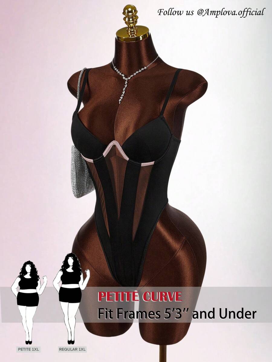 SHEIN PETITE CURVE Plus Size Solid Color Spaghetti Strap Sleeveless Bodysuit With Boning, Fitted & Sexy - Black - View 1