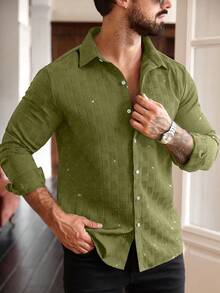 Manfinity Homme Plus Size Men's Long Sleeve Collared Button-Up Shirt - Army Green - View 6