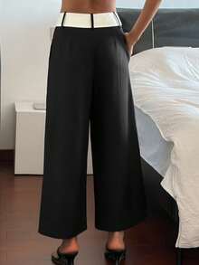 DAZY Contrast Waistband Straight Leg Cropped Pants, Casual Suit Trousers For Women, Spring/Summer - Black - View 2