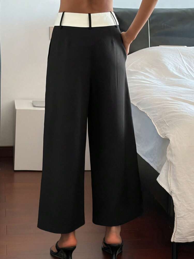 Contrast Waistband Straight Leg Cropped Pants, Casual Suit Trousers For Women, Spring/Summer Y2k