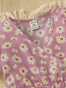 SHEIN 女婴雏菊印花交叉领短袖连体衣 - 粉色 - 查看 3