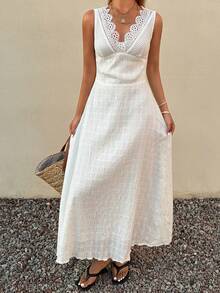 DAZY Women's Solid Color Contrast Lace Deep V-Neck Sleeveless Dress Sundress Vacation - White - View 4