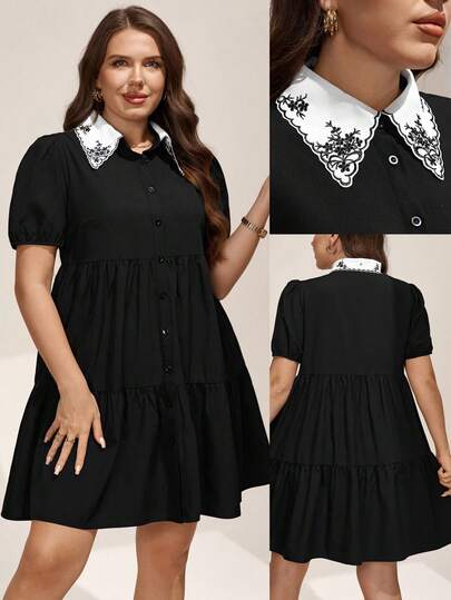 Comfylo Vestido corto de mujer talla grande con cuello bordado y botones