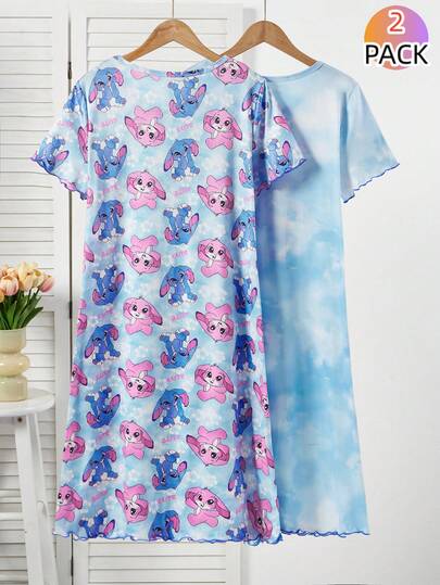 2 Pack Teen Girls Pajamas,Baby Blue Summer Casual Nightgown,Sky Blue Tie-Dye Effect Graphic Print,Soft Knit Short Sleeve Ruffle Hem Sleepwear