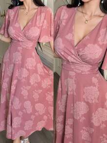 DAZY Đầm maxi nữ thanh lịch cổ chữ V tay bồng họa tiết hoa, dây rút, thích hợp làm đầm dự tiệc cưới mùa hè, đầm maxi chống nắng. - Hồng - Xem 1