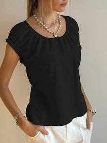 SHEIN Bubbli Áo thun nữ cổ bèo nhún, cổ trễ vai - màu đen - Xem 4