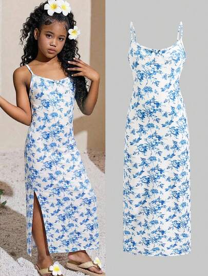 Girlism Tween Girls' Blue & White Knit Casual Snug Fit Spaghetti Strap Floral Print Slit Dress, Versatile For Vacation & Everyday Wear
