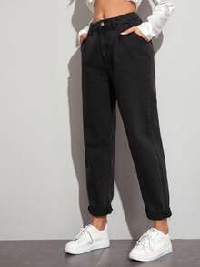 SHEIN ICON 妈妈牛仔裤，无腰带，女士休闲纽扣，口袋，拉链，自然直腿长款黑色棉质常规版型女士牛仔裤，春/秋，休闲日常穿着 - 黑色 - 查看 4