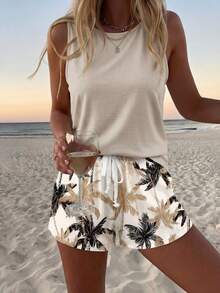 Sylviya 2 件套休闲女士圆领背心和短裤套装，椰子树印花，适合夏季度假女士夏季 2 件套女士夏季服装棕榈树短裤套装女士度假服装适合外出 - 彩色 - 查看 3