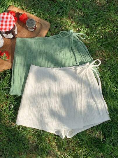 Comfortcana Summer Spring 2026 Women's New 100% Cotton White Pants Skirt With Green Pants Skirt Multi Piece, Suitable For Women's Vacation Dressing,Easter,St Patrick's Day,Going Out,Party,Wedding,Graduation,Elegant, Vacation,Casual, Luxury,Formal, Valentine's Day, Carnival, Beach, Holiday, Home Leisure, Street, College, Hot Girl, Commuting, Business