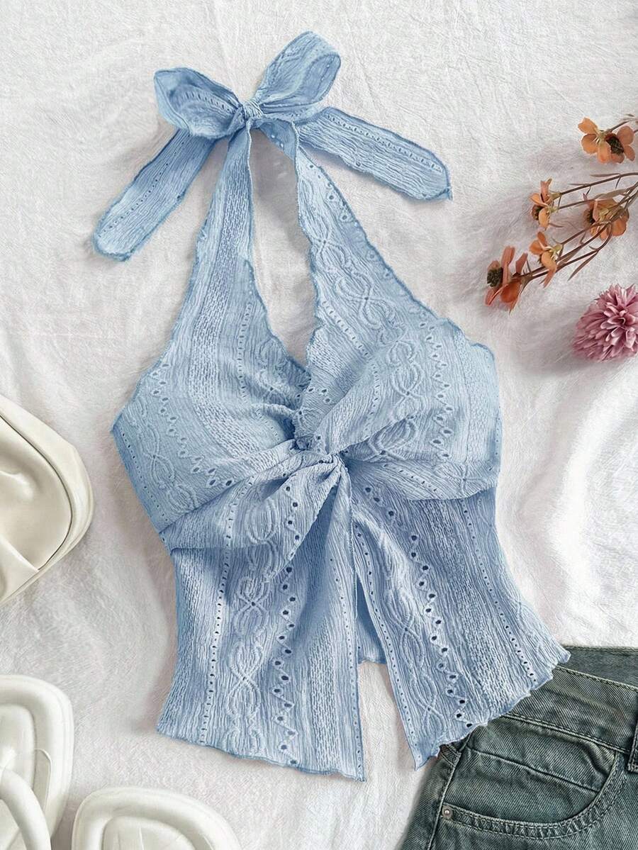 SHEIN 少女纯色纹理扭结露背上衣 - 藍色 - 查看 1