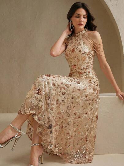 Anewsta Vestido largo elegante y sofisticado de color champán con diseño de flores 3D y lentejuelas sin mangas de cuello halter, perfecto para banquetes, citas y vacaciones