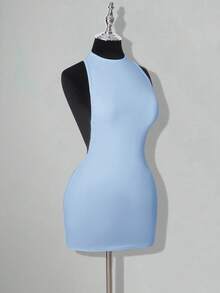 SHEIN ICON Solid Color Backless Sexy Casual Mini Dress - Baby Blue - View 5