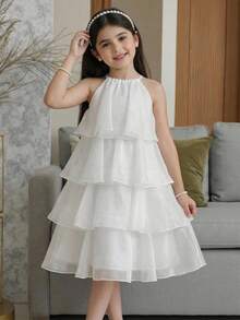 SHEIN Đầm hè organza màu trắng thanh lịch dễ thương cho bé gái/bé gái - trắng - Xem 2