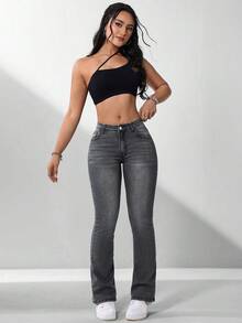 SHEIN PETITE Quần jeans ống loe cạp thấp dáng casual dành cho nữ, đã qua xử lý giặt. - Xám - Xem 3