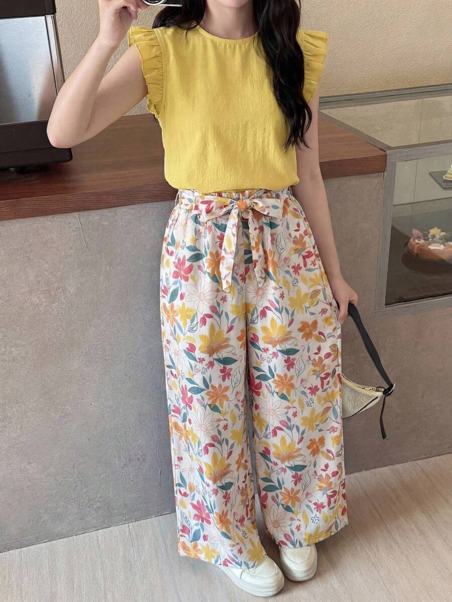 SHEIN 青少年女孩純色圓領荷葉袖上衣與花卉印花寬腿褲套裝,休閒夏季度假年輕黃色女童套裝 - 黃色 - 查看 1