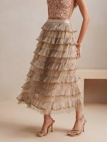 Anewsta 女士高腰多层薄纱珍珠装饰中长裙 - 卡其色 - 查看 6