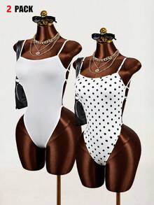 Mistrie 2 Pack Women's Side Cutout Open Back Bodysuit,White With Black Polka Dots,Summer Seksi Chic Beach Club,Solid Color Summer Outfits Tops Clothes - Black and White - View 1