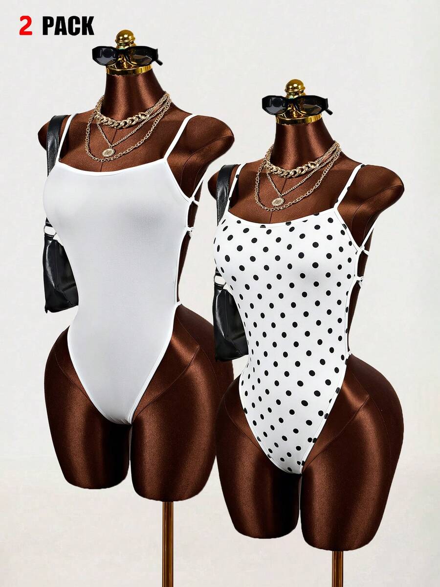 Mistrie 2 Pack Women's Side Cutout Open Back Bodysuit,White With Black Polka Dots,Summer Seksi Chic Beach Club,Solid Color Summer Outfits Tops Clothes - Black and White - View 1