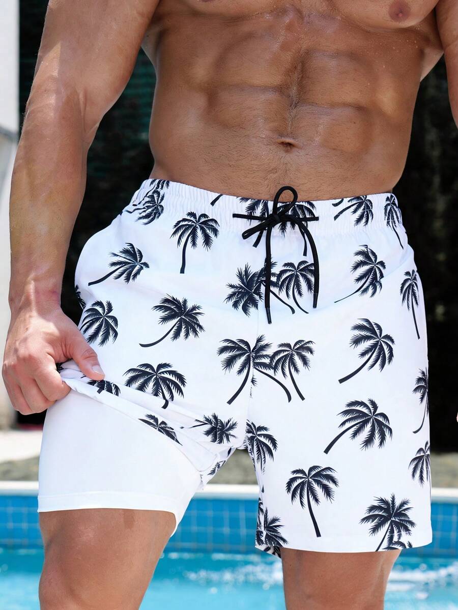 VENTUSAIL Pantalones cortos de playa casuales con cordón en la cintura y estampado de palmeras para hombres, bañadores de palmeras en blanco y negro, ropa de playa para hombres - Blanco y Negro - Ver 1
