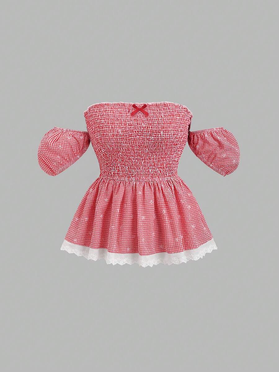 Sweetra French Romantic Red Plaid Bow Accent Fashionable Puff Sleeve Design Cinched Waist Elegant Girly Summer Versatile Office Lady Blouse - Red - View 1