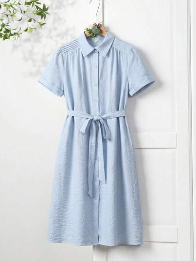 Rusticease Women's Summer Casual Solid Color Front Button Midi Shirt Dress