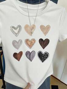 INAWLY 时尚百搭心形镶钻圆领宽松 T 恤，Y2K 风格短袖 T 恤 - 白色 - 查看 4