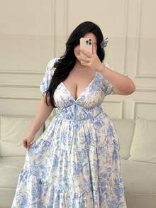 Vibekara Women's Plus Size White Summer Boho Ditsy Floral V-Neck Puff Sleeve Maxi Dress, Milkmaid Wedding Guest Bachelorette Party Tea Party Holiday - Blue - View 7