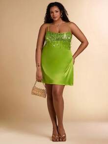 SHEIN BAE 大码女式亮片流苏设计休闲派对吊带裙 - 綠色 - 查看 3