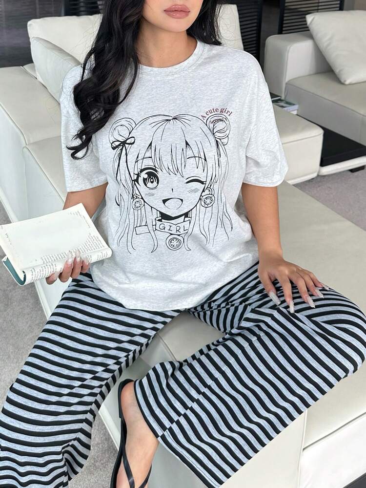 Dazy Plus 2pcs Plus Size Women Cute Cartoon Print Loose Long Sleeve Top And Striped Long Pants Pajama Set, Spring/Autumn