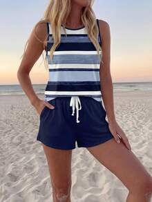 Sylviya 休闲度假风格蓝色航海印花条纹女士无袖圆领背心和短袖两件套，适合夏季 - 彩色 - 查看 5