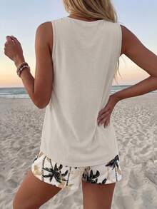 Sylviya 2 件套休闲女士圆领背心和短裤套装，椰子树印花，适合夏季度假女士夏季 2 件套女士夏季服装棕榈树短裤套装女士度假服装适合外出 - 彩色 - 查看 2