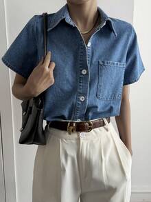 Dazy Tall Áo sơ mi denim nữ tay ngắn cổ bẻ dáng rộng, kiểu dáng thường ngày. - Rửa trung bình - Xem 3