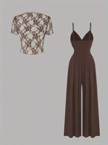 Olithes Conjunto de 2 piezas: Mono de verano sexi tipo tirantes de moda para mujer + Top corto de manga corta con estampado total ajustado - Café integral - Ver 2