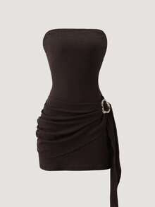 Olithes 1件装女士纯色纹理抹胸金属扣褶皱连衣裙 - 棕色 - 查看 1