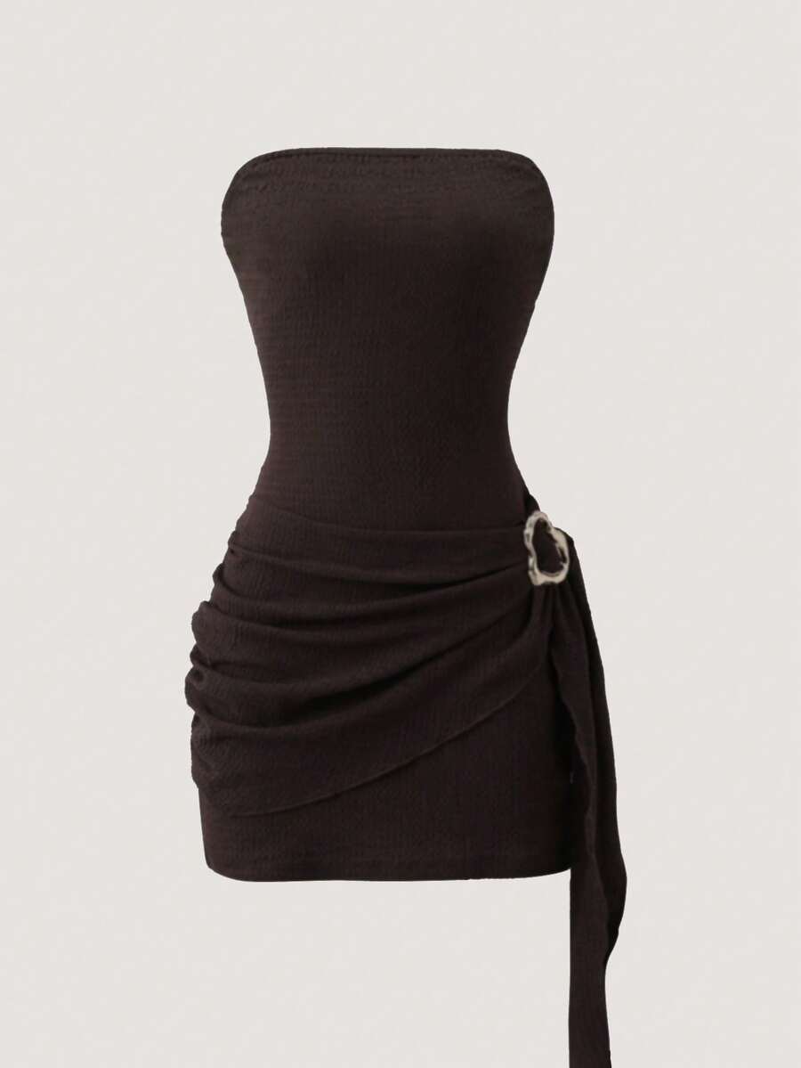 Olithes 1件装女士纯色纹理抹胸金属扣褶皱连衣裙 - 棕色 - 查看 1