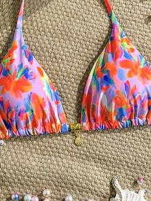Swim Mod Random Gold Shell Print Halter Bikini Top, Sexy Swimwear Top For Summer Vacation - Multicolor - View 4
