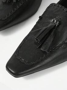 Mnmlis 女士时尚流苏花朵尖头小方头粗跟高跟鞋 - 黑色 - 查看 3