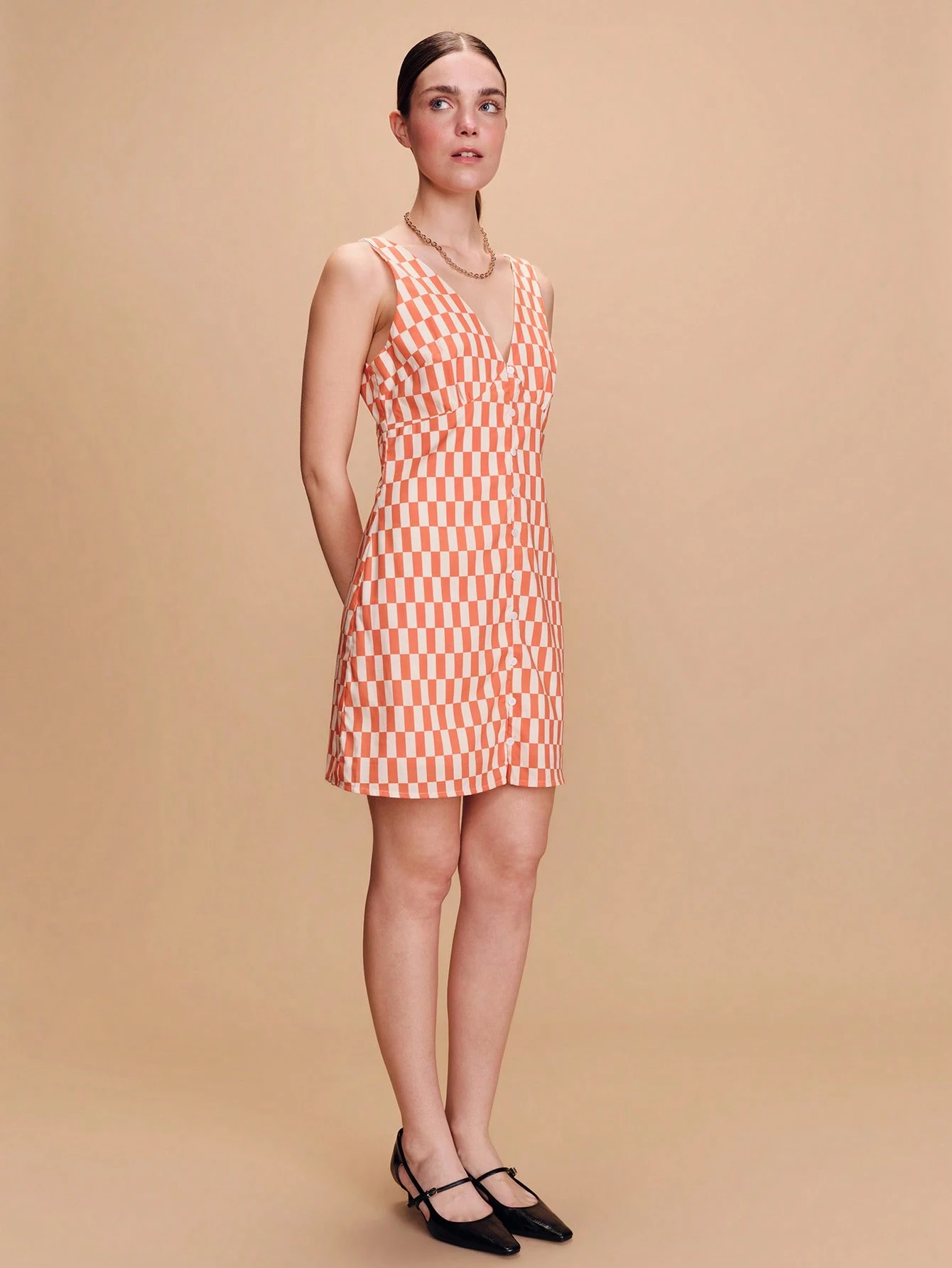 Vintage V-Neckline Mini Dress With An Orange Geometric Pattern And Front Button Closure Spring Summer Vacation Dress French Style Parisian Style Going Out Vintage Dress Dress For Women Xs Dress For Women Yacht Dress