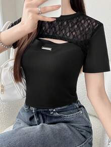 FRIFUL Women's Round Neck Hollow-Out Metal Decor Contrast Fabric Lace Splice Solid Color Sweet Short Sleeve T-Shirt For Summer - Black - View 4