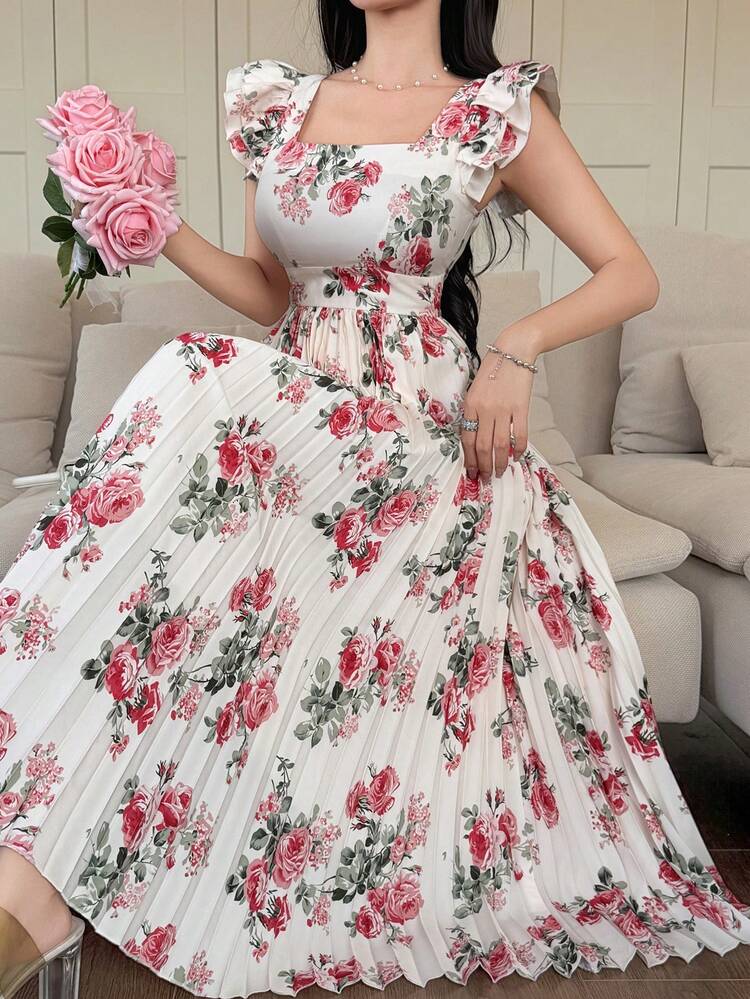 Women's Elegant Floral Print Square Neck Ruffle Hem Mid-Length Dress, Suitable For Spring And Summer Boho