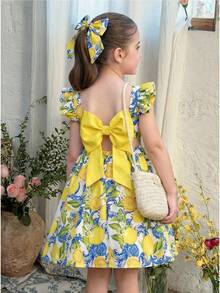 LMoss Kids Young Girl Chiffon Ditsy Floral Square Collar Ruffle Hem Casual Dress - Multicolor - View 9