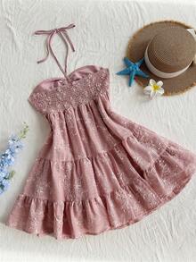 Elamini Women's Pink Embroidered Tie-Up Camisole Dress, Casual Sexy Beach Vacation Style For Spring/Summer - Pink - View 2