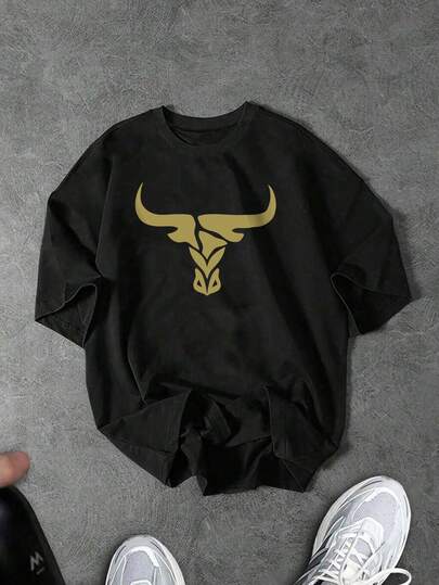 Sport MetroGents Men's Bull Print Round Neck Loose Fit Short Sleeve Sports T-Shirt
