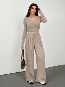 SHEIN Tall Khaki Casual Ribbed Long Sleeve T-Shirt And Pants Set Two Piece Set Women Comfy Comfortable Two Piece Set - Khaki - View 5