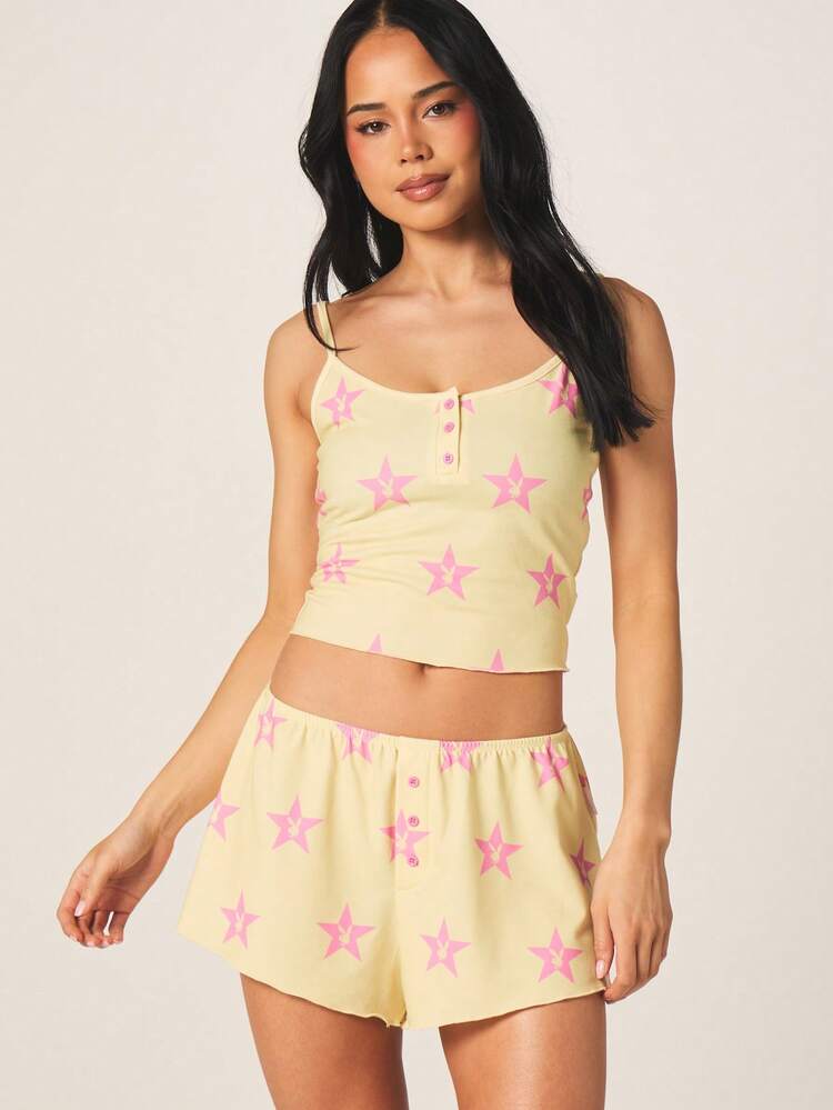 Missguided x Playboy Ensemble pyjama femme imprimé étoiles, débardeur avec short. Tenue de détente coordonnée, boutonnée devant, deux pièces. Vêtement de nuit d'été, ensemble assorti