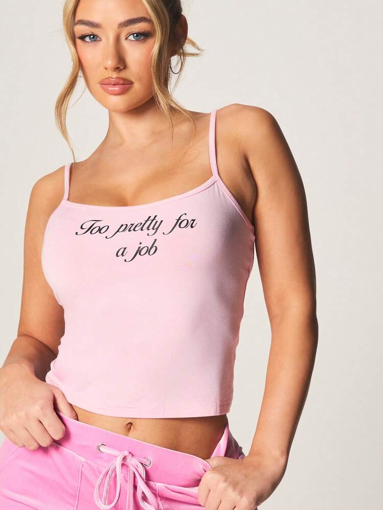 MISSGUIDED Too Pretty For A Job Slogan Cami Top With Thin Straps And Square Neckline For Casual Summer Wear