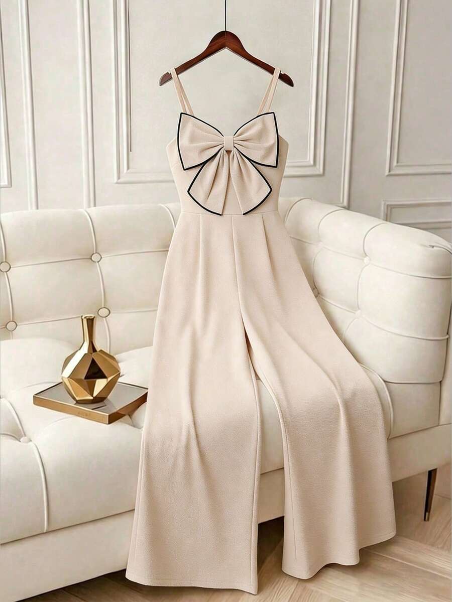 SHEIN Textured Fabric Spaghetti Strap Jumpsuit, French Bow Design, Unique Aesthetic, Fashionable, Draping, Snug Fit, Straight-Leg Jumpsuit For Spring/Summer - Apricot - View 1