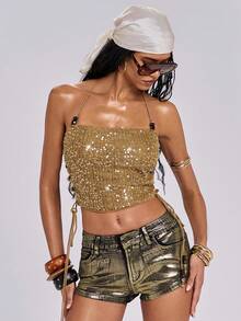 ROMWE Country Spring/Summer Avant-Garde Vacation Sexy Y2K Subculture Sequin Crochet Women Camisole - Mocha Brown - View 5